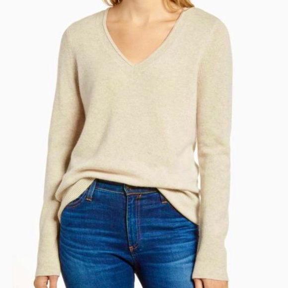 Halogen Sweaters - Halogen Cream Cashmere V Neck Sweater